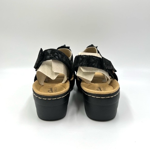 Clarks Women's Merliah Sheryl Black Leather Floral T-Strap Wedge Sandals Shoes 9 - Picture 7 of 12